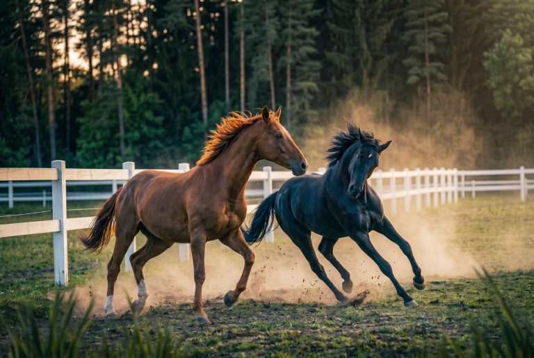 Zwei schwarze Pferde laufen über eine grüne Wiese im Freien. Sammelshooting